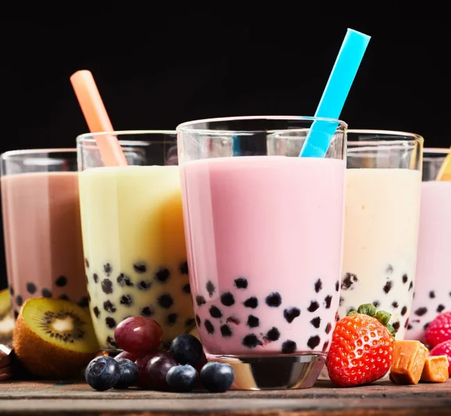 Five-glasses-of-boba-with-different-colors-and-flavors